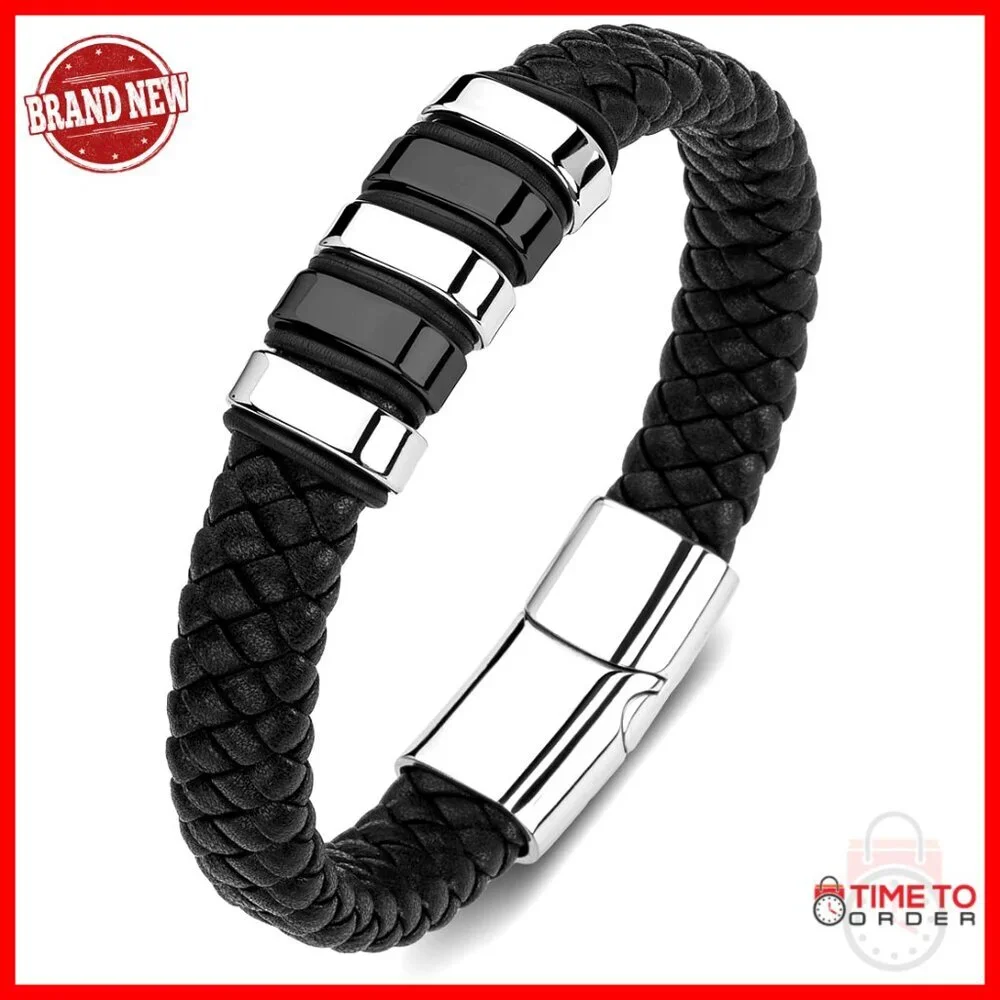 Braided Leather Cuff Bracelet, Stainless Steel, 8.7